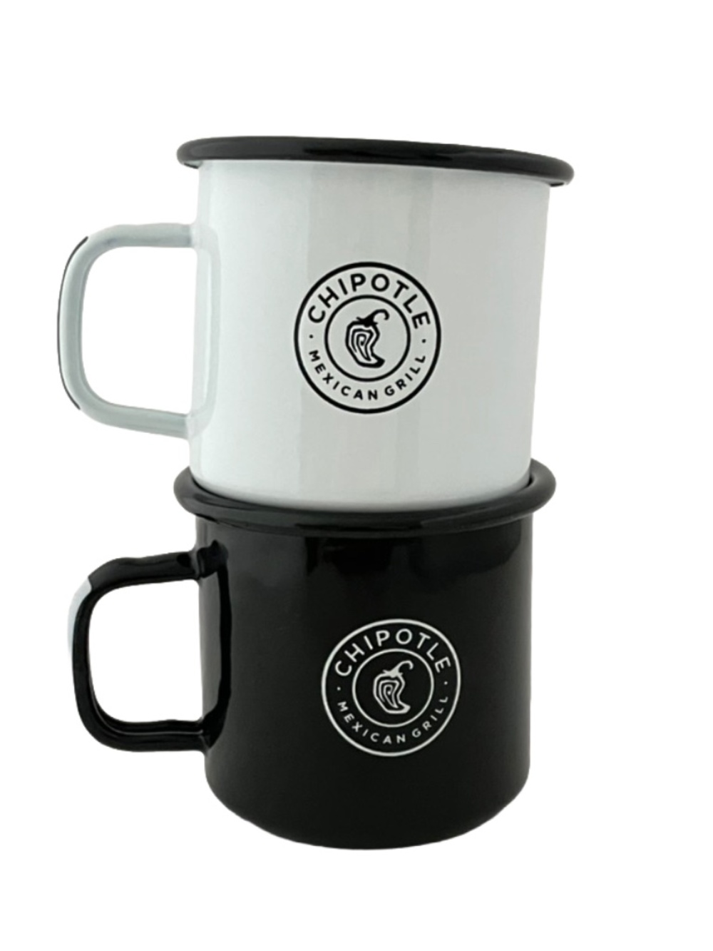 Set of 2 black and white Chipotle Mexican Grill enamel camping Cups